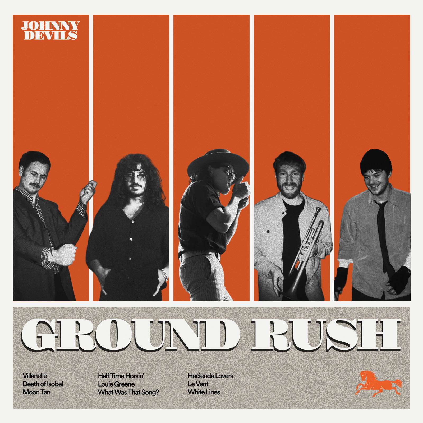 Ground Rush album cover: the five band members in black and white between orange columns, the title in heavy western type