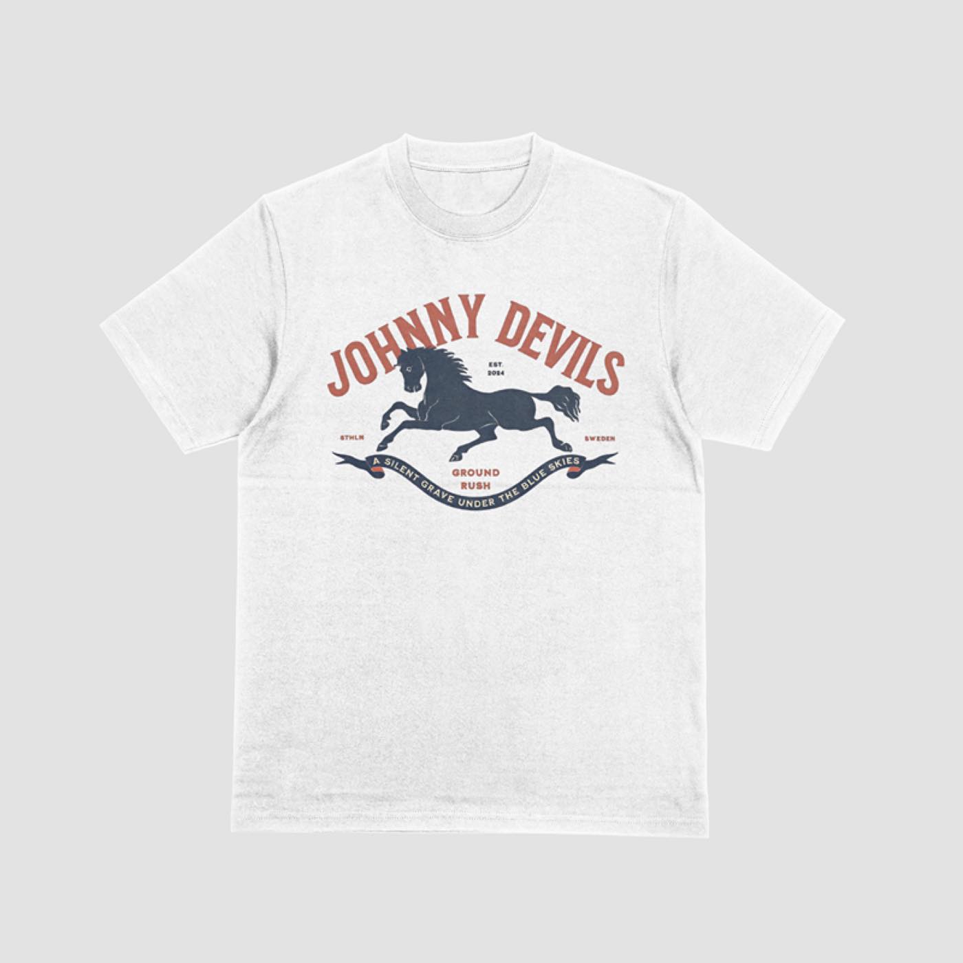White Johnny Devils t-shirt with the horse logo on a grey background