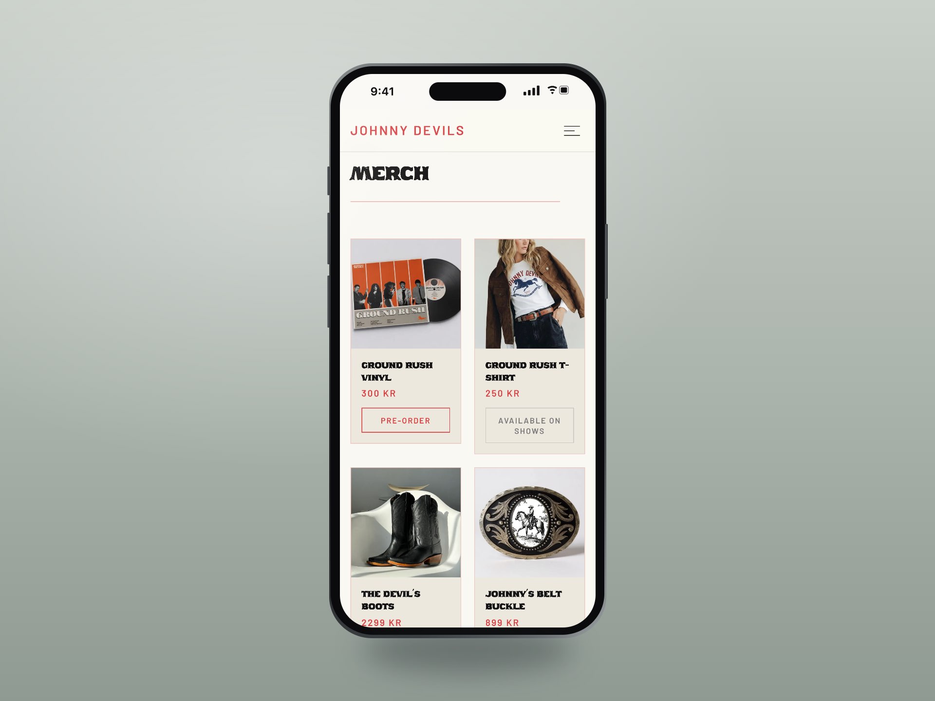 An iPhone showing the johnnydevils.com merch page with the record, the shirt, boots and belt buckle