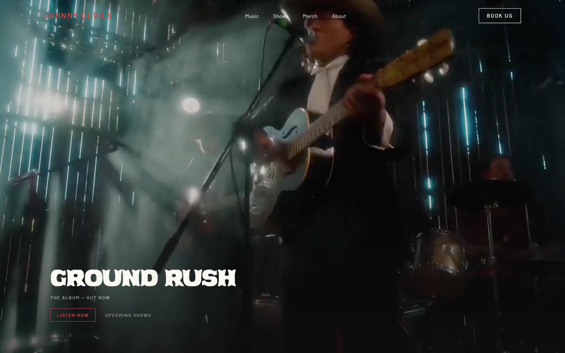 The johnnydevils.com home page: Ground Rush over live film of the band on stage