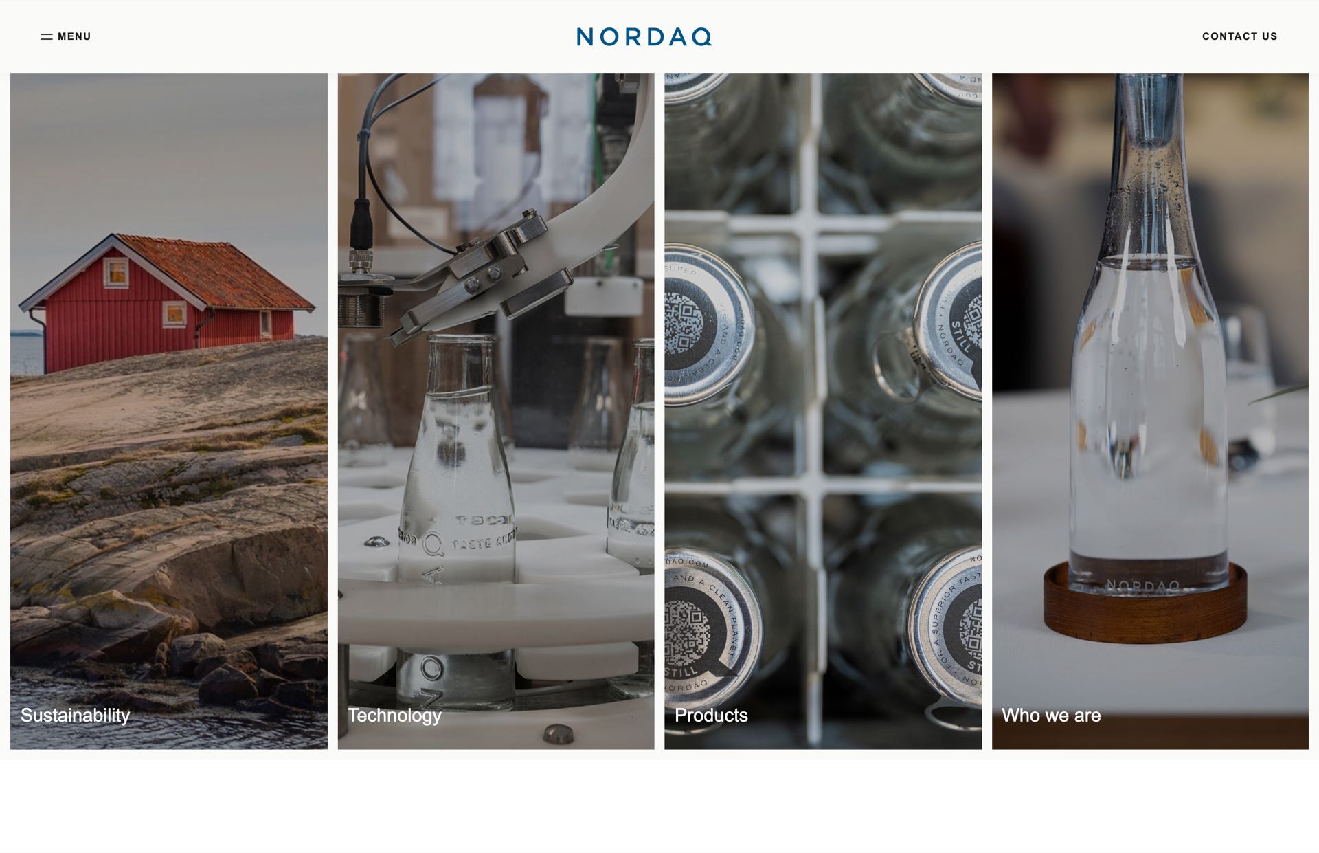 The Nordaq home page row of four photo cards: a red cabin, the bottling machine, bottles in a crate and a set table
