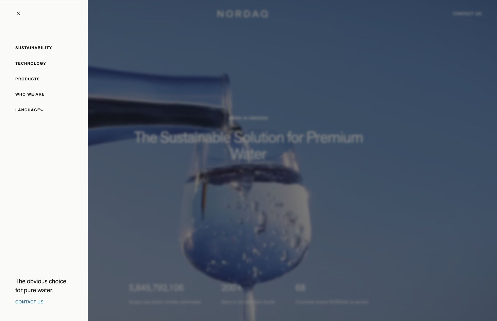 The Nordaq home page with the side menu open: Sustainability, Technology, Products, Who we are and Language