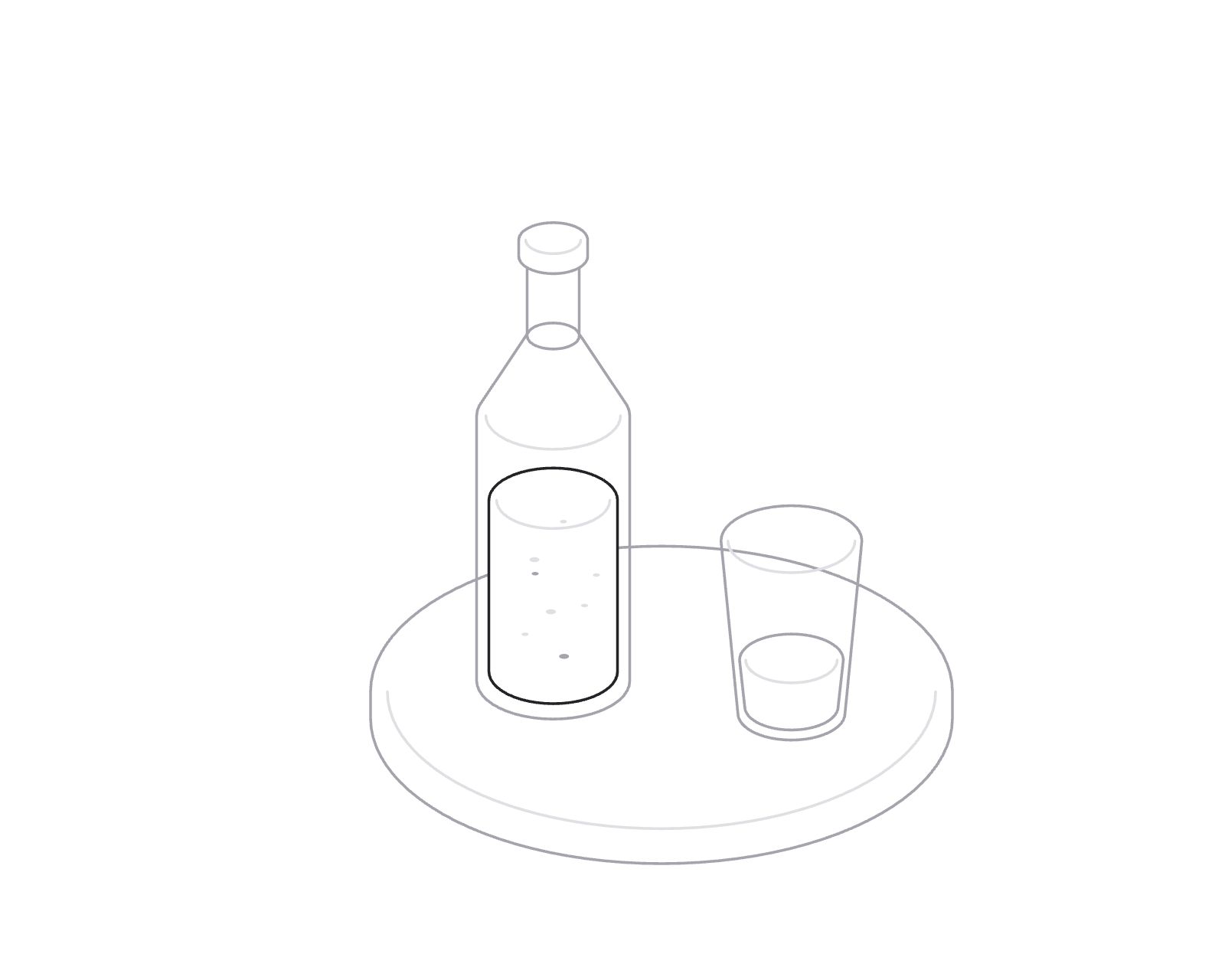 Line drawing of a glass bottle and a tumbler on a round table, the bottle most of the way full