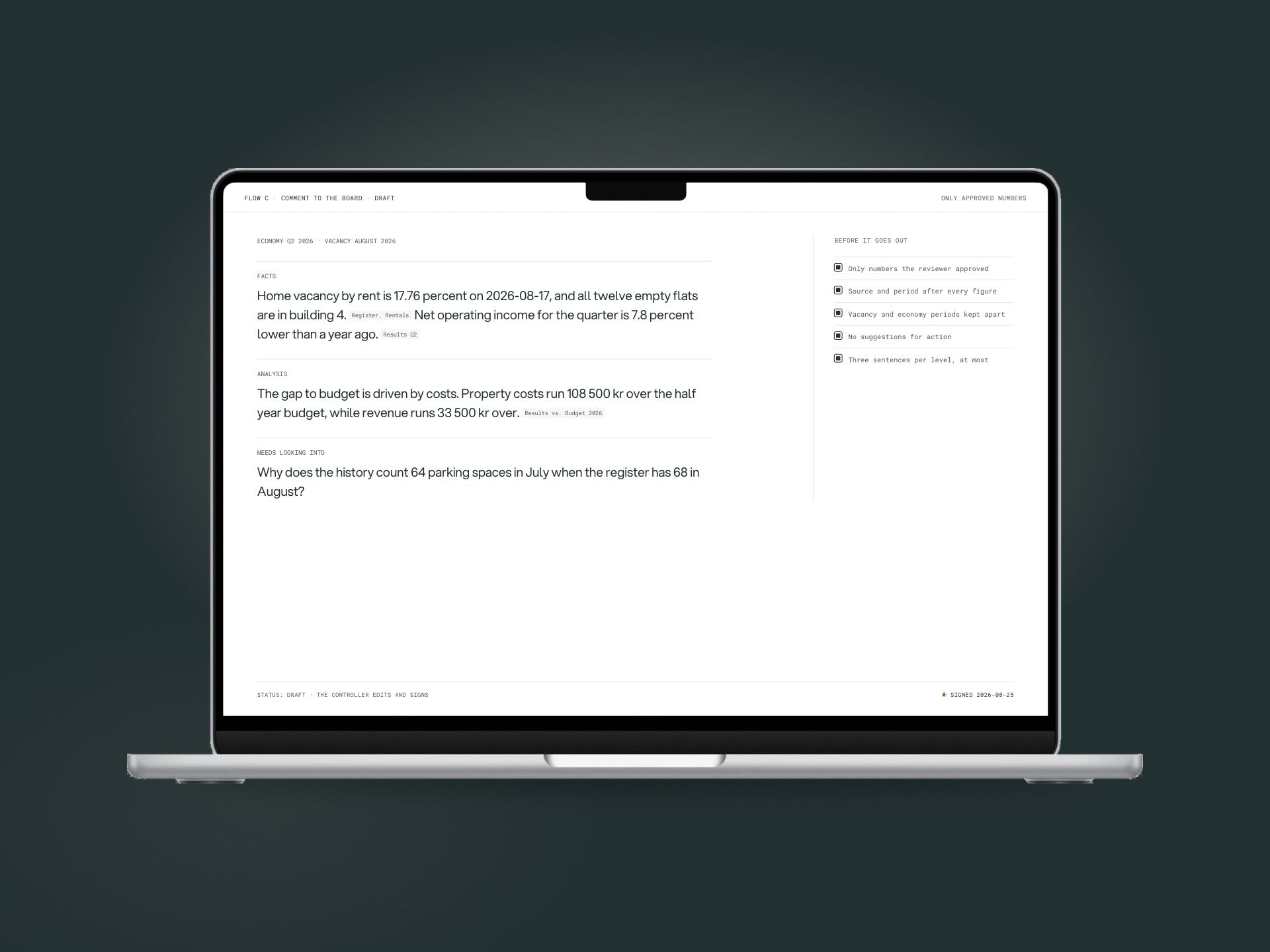 MacBook showing the comment to the board, a source after every figure and a checklist before it goes out