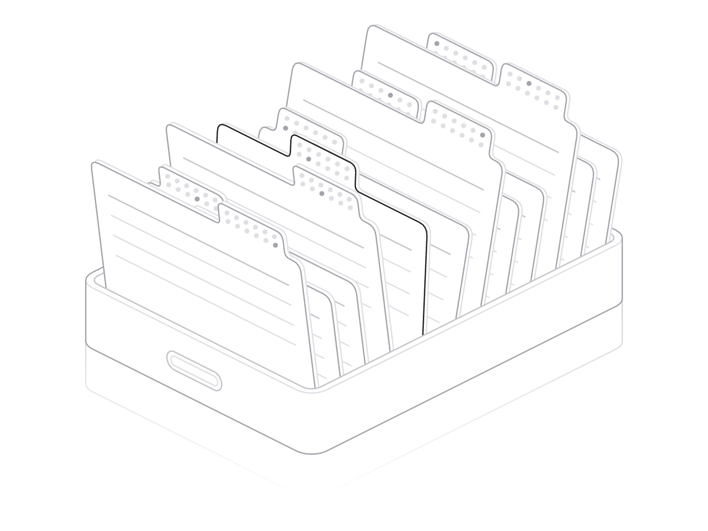 Line drawing of a tray of twelve monthly report cards, every third one taller for the quarter close, August pulled up