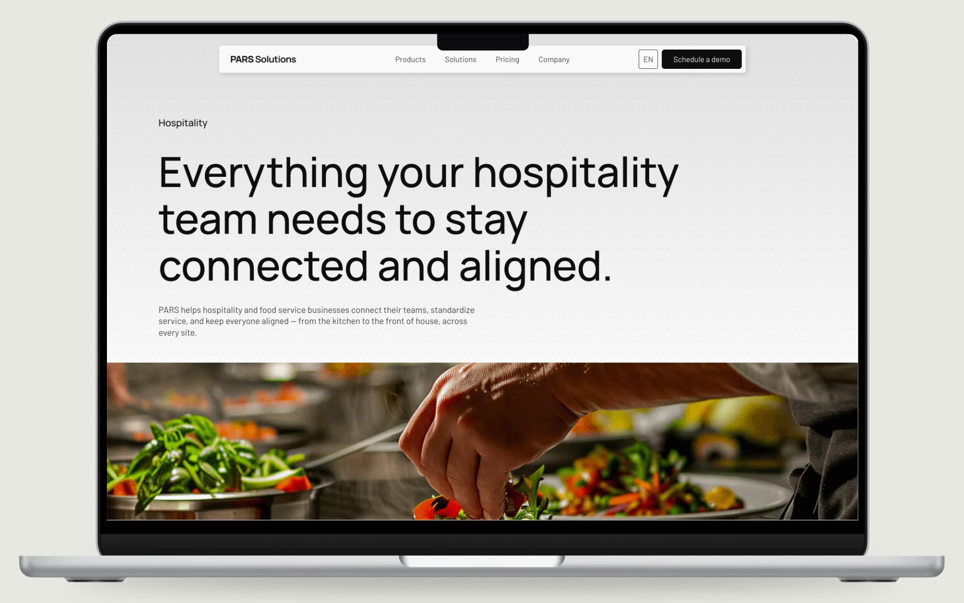 The PARS hospitality product page on a MacBook: Everything your hospitality team needs to stay connected and aligned