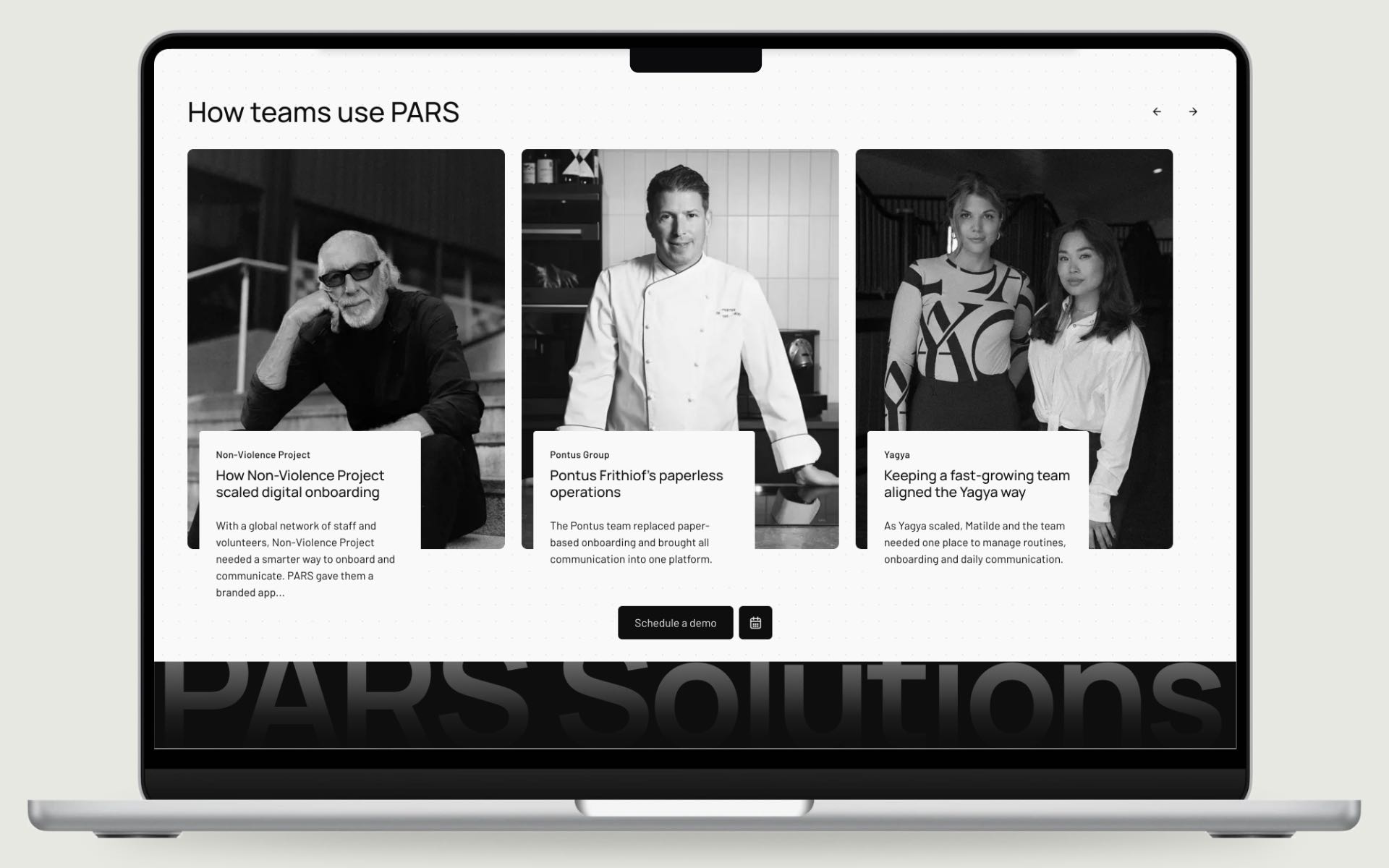 The PARS home page on a MacBook, How teams use PARS: three customer portraits, Non-Violence Project, Pontus Group and Yagya