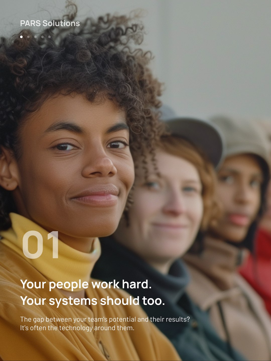 LinkedIn slide 1 for PARS: a woman in a yellow sweater with two colleagues, Your people work hard. Your systems should too.