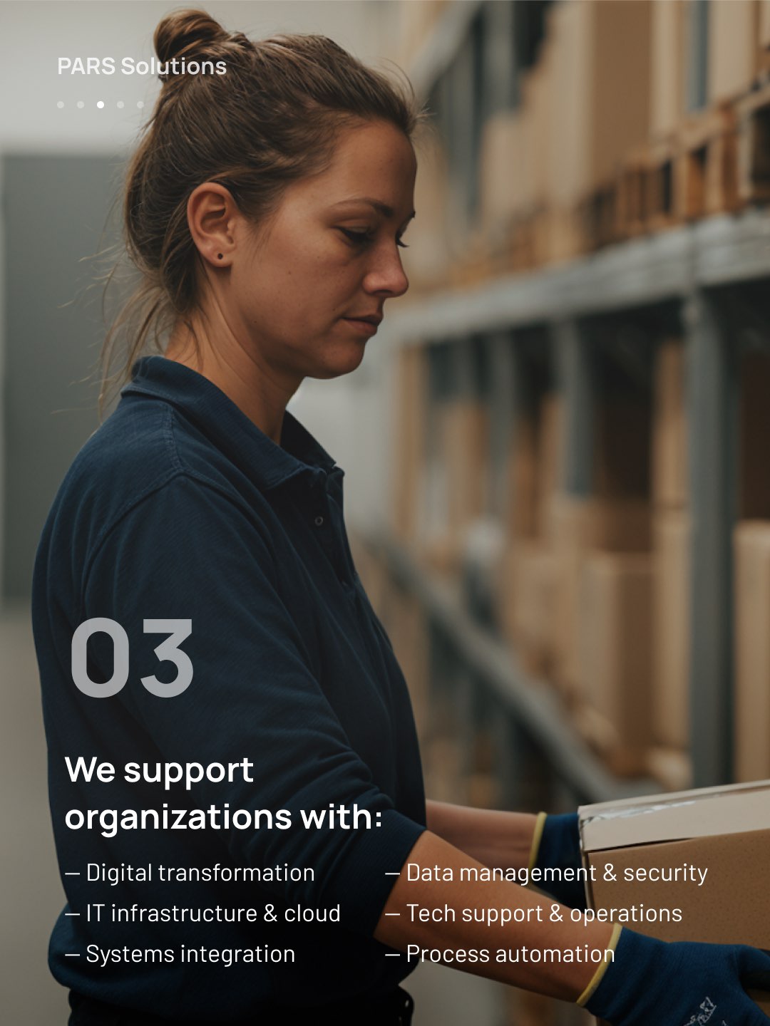 LinkedIn slide 3 for PARS: a warehouse worker lifting a box from a shelf, We support organizations with, six services listed