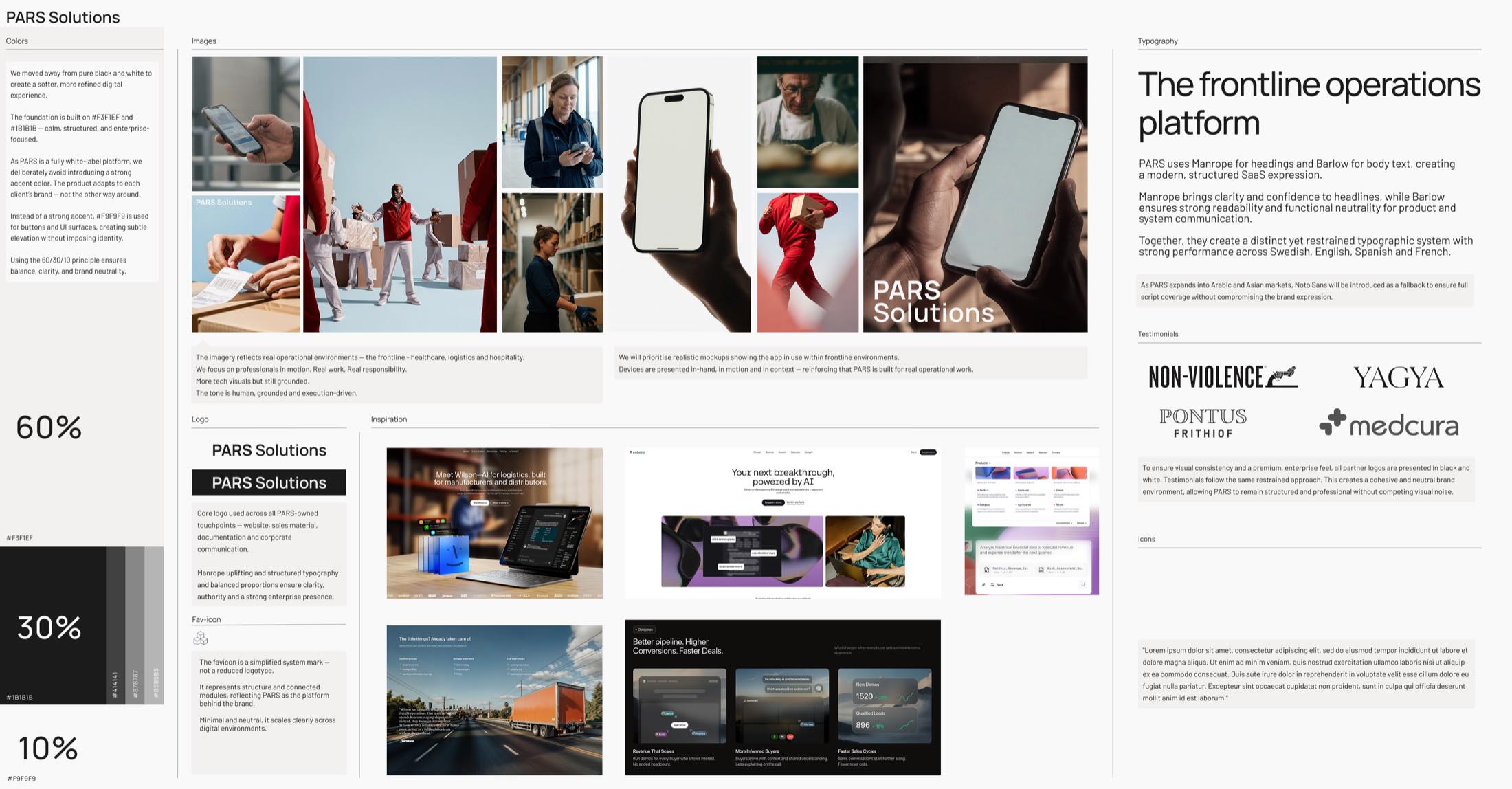 The PARS moodboard: colours, people at work in logistics and hospitality, Manrope and Barlow type, partner logos