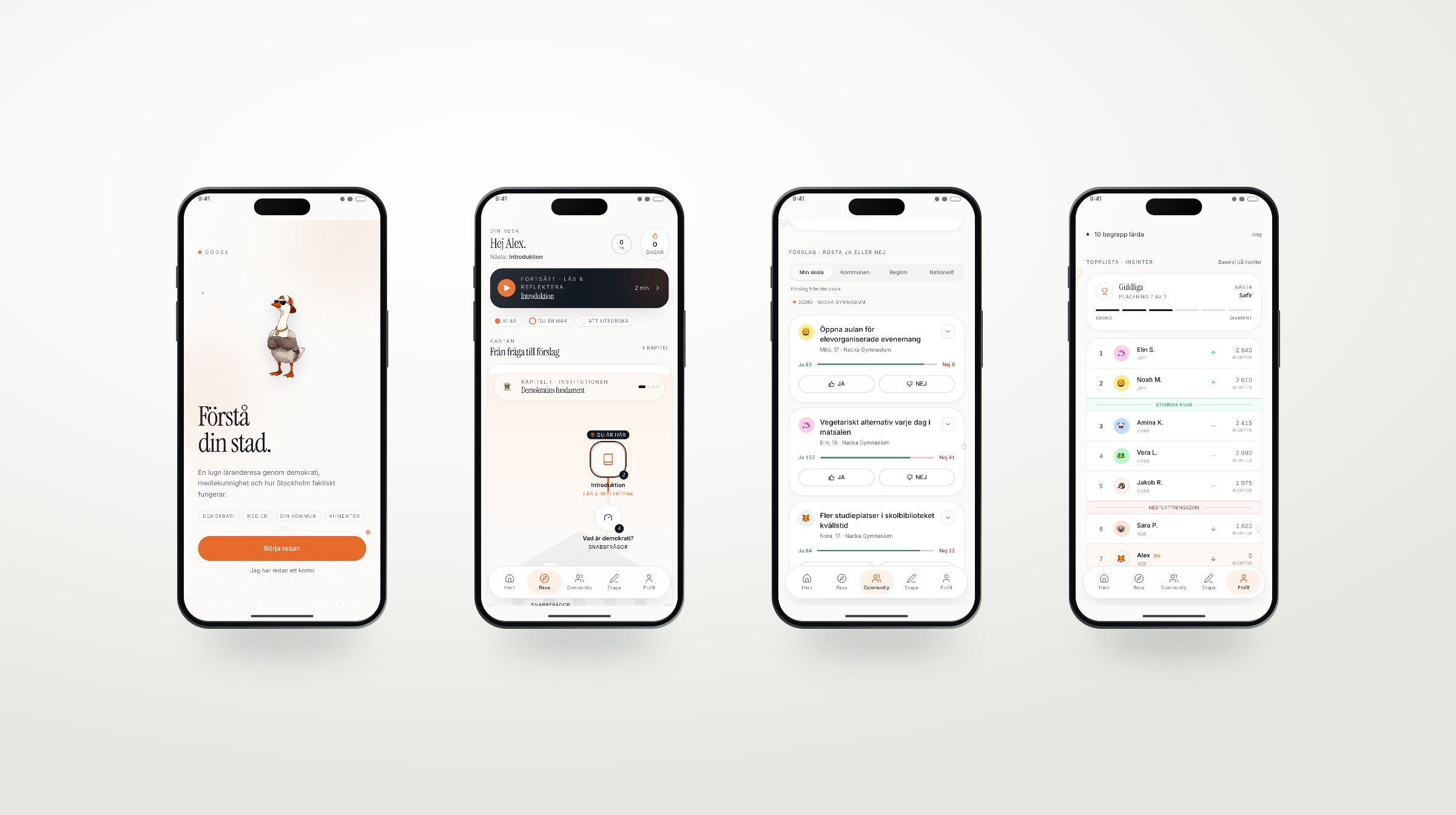 Goose, the winning app, on four iPhones: the start screen, the journey map, student proposals and the league table