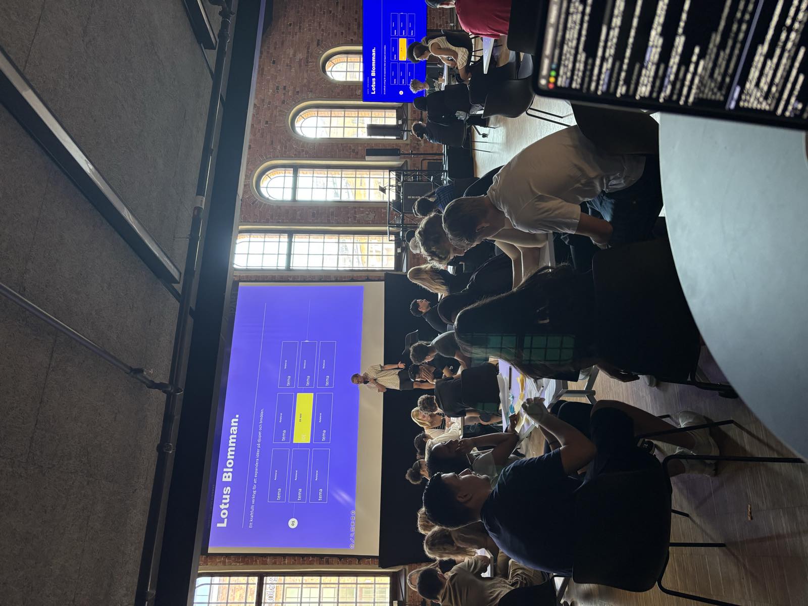 A full hall at Berghs working through the Lotus blossom exercise on the big screens