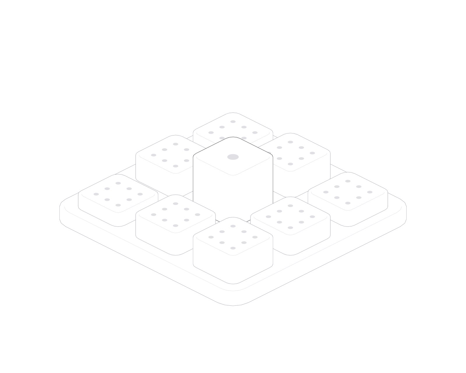 Line drawing of the Lotus blossom: a board of nine tiles, the theme standing tall in the middle with eight petals round it