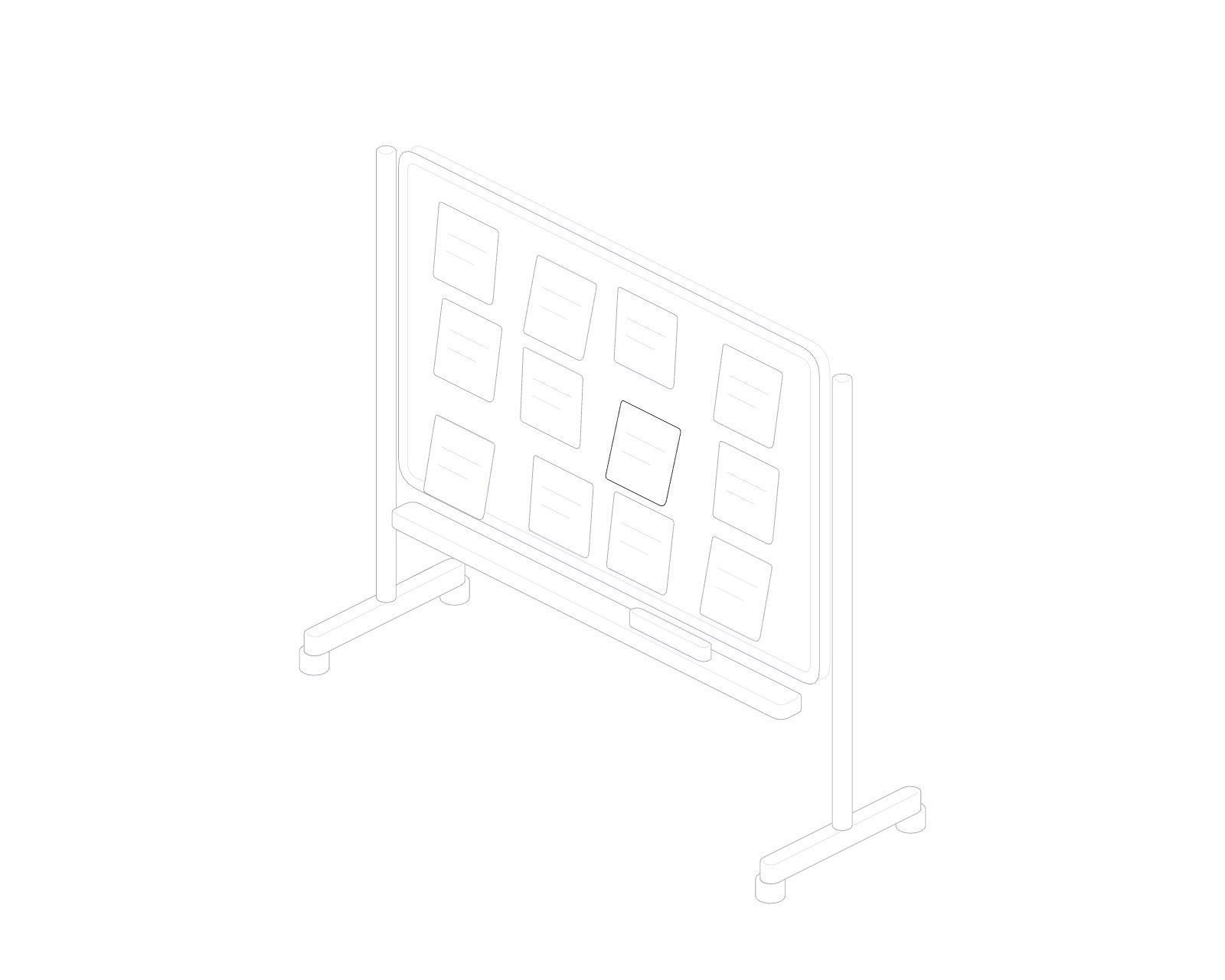 Line drawing of a whiteboard on wheels covered in sticky notes, one of them bright