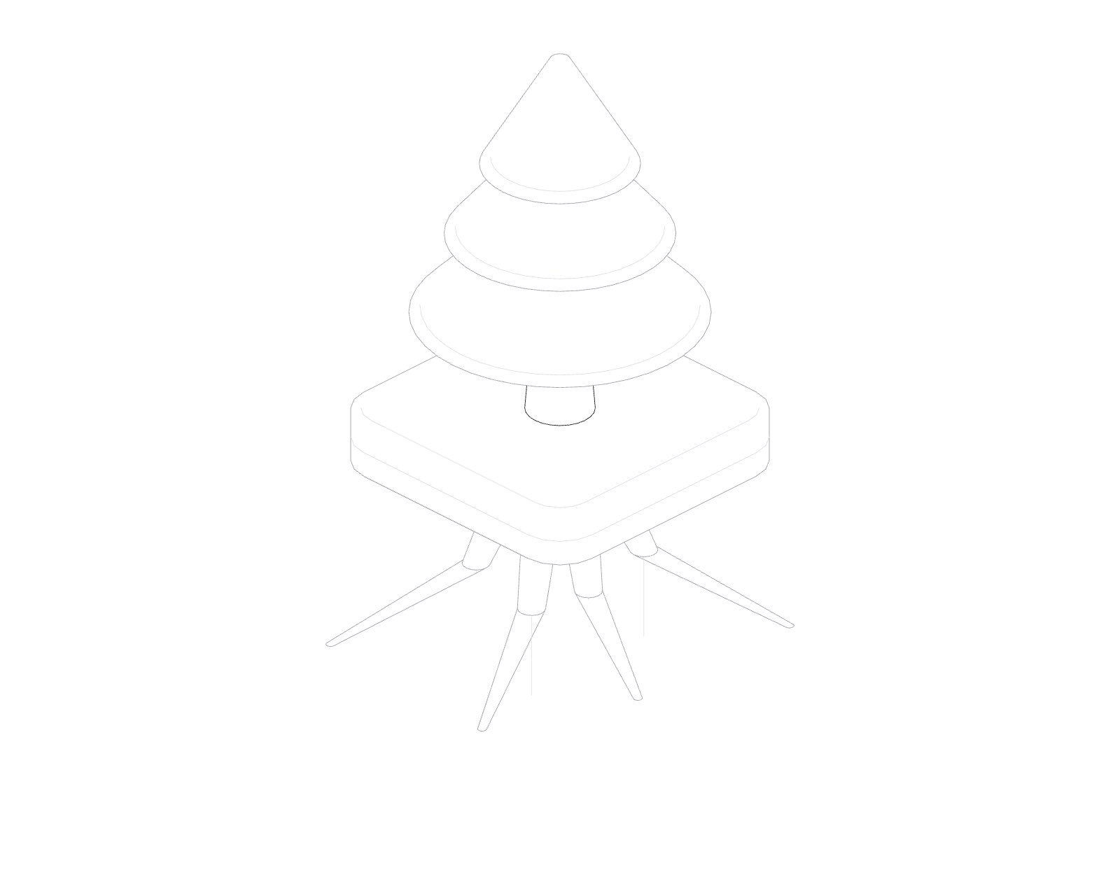 Line drawing of a tree lifted out of the ground, its four roots hanging below the turf