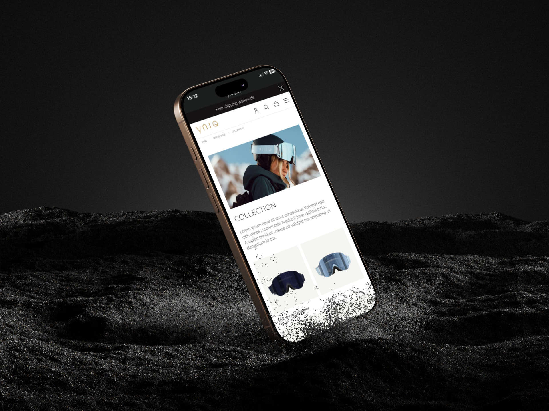 Phone showing the YNIQ collection page above a dark landscape