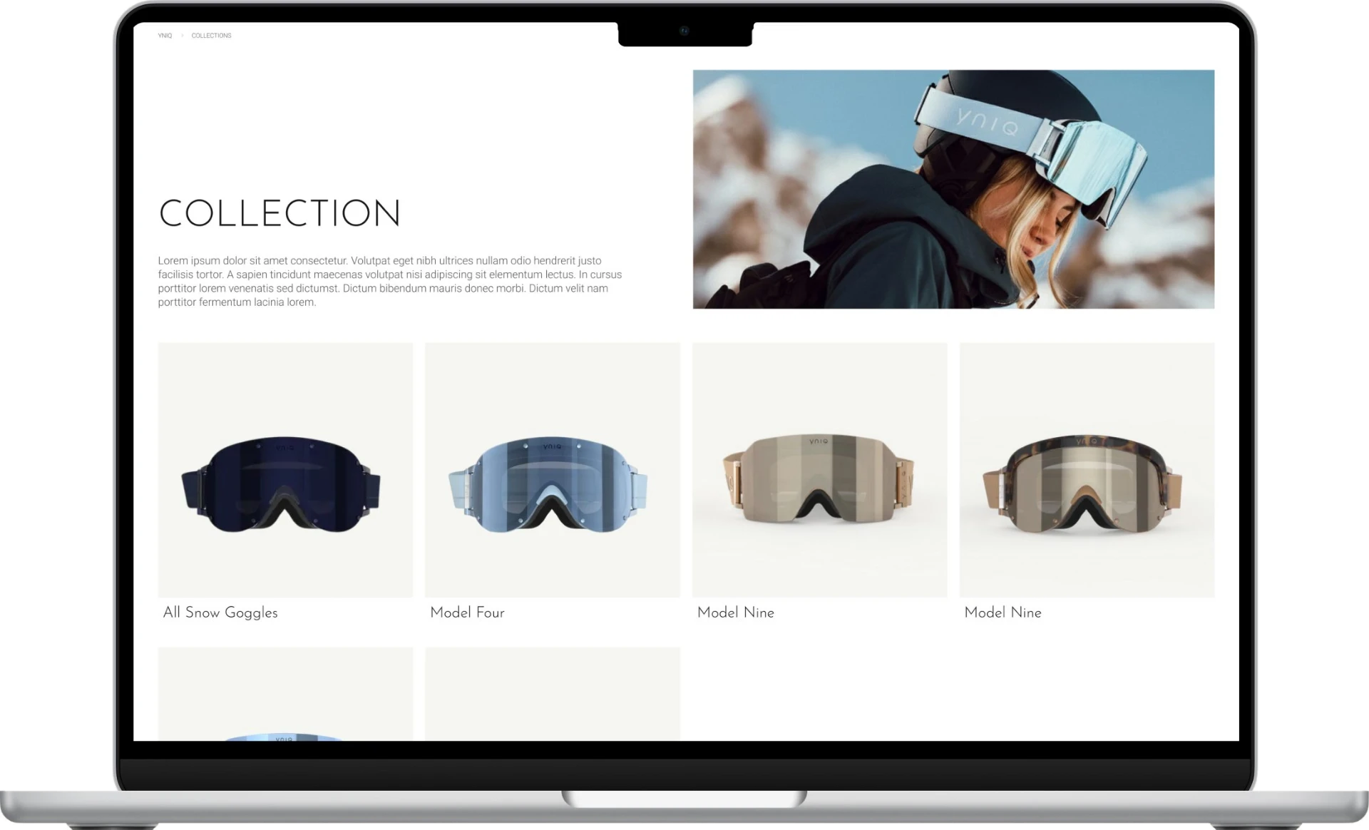 MacBook showing the YNIQ collection page, a grid of goggle models below a skier wearing one