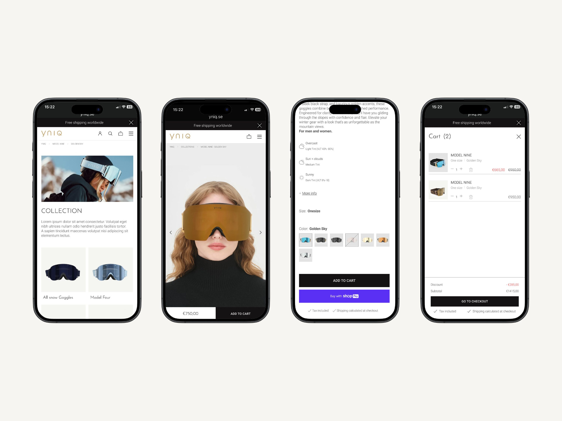 Four phones showing collection, product, cart and checkout