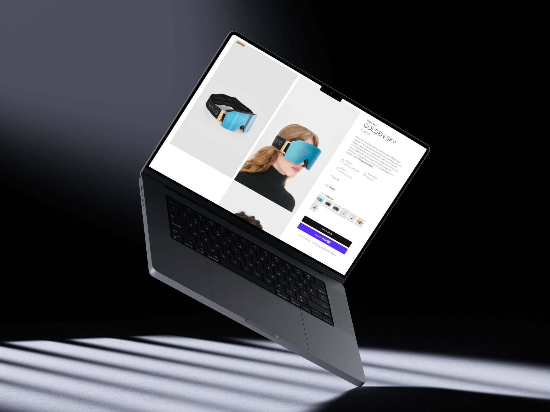 MacBook showing a YNIQ product page in a dark studio