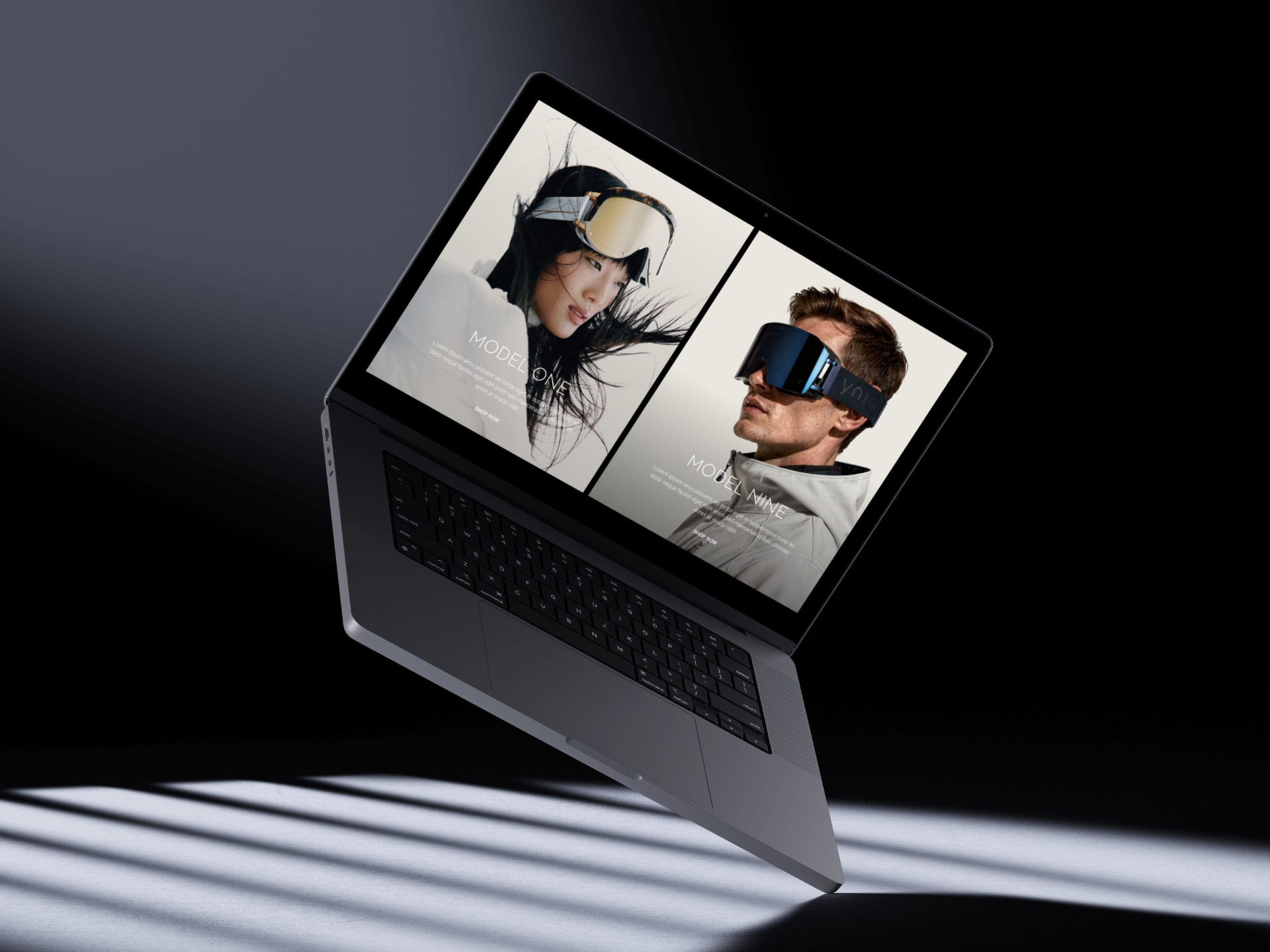 MacBook showing the YNIQ eyewear storefront with models wearing ski goggles